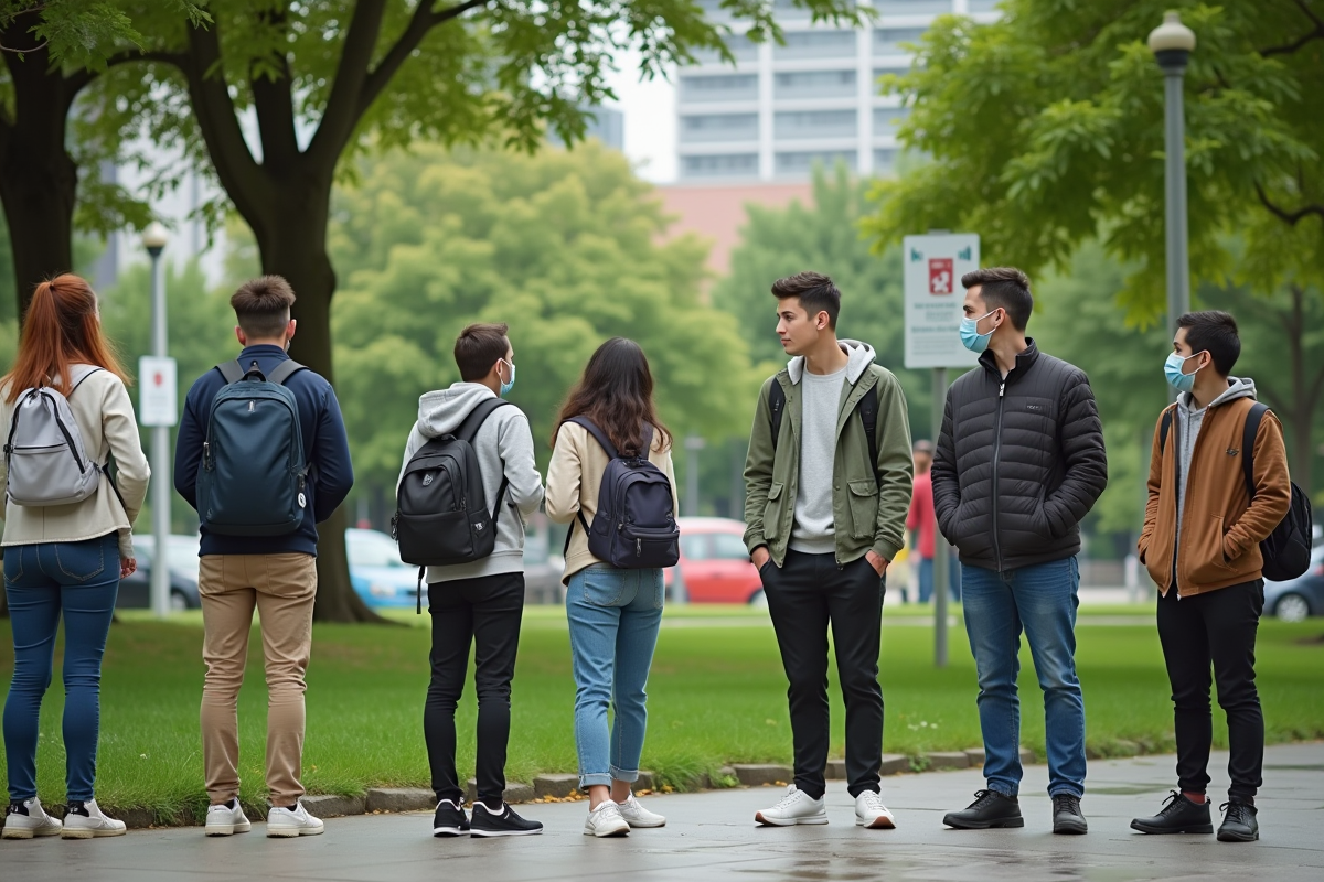 Groupe divers d adultes et adolescents avec masques dans un parc urbain