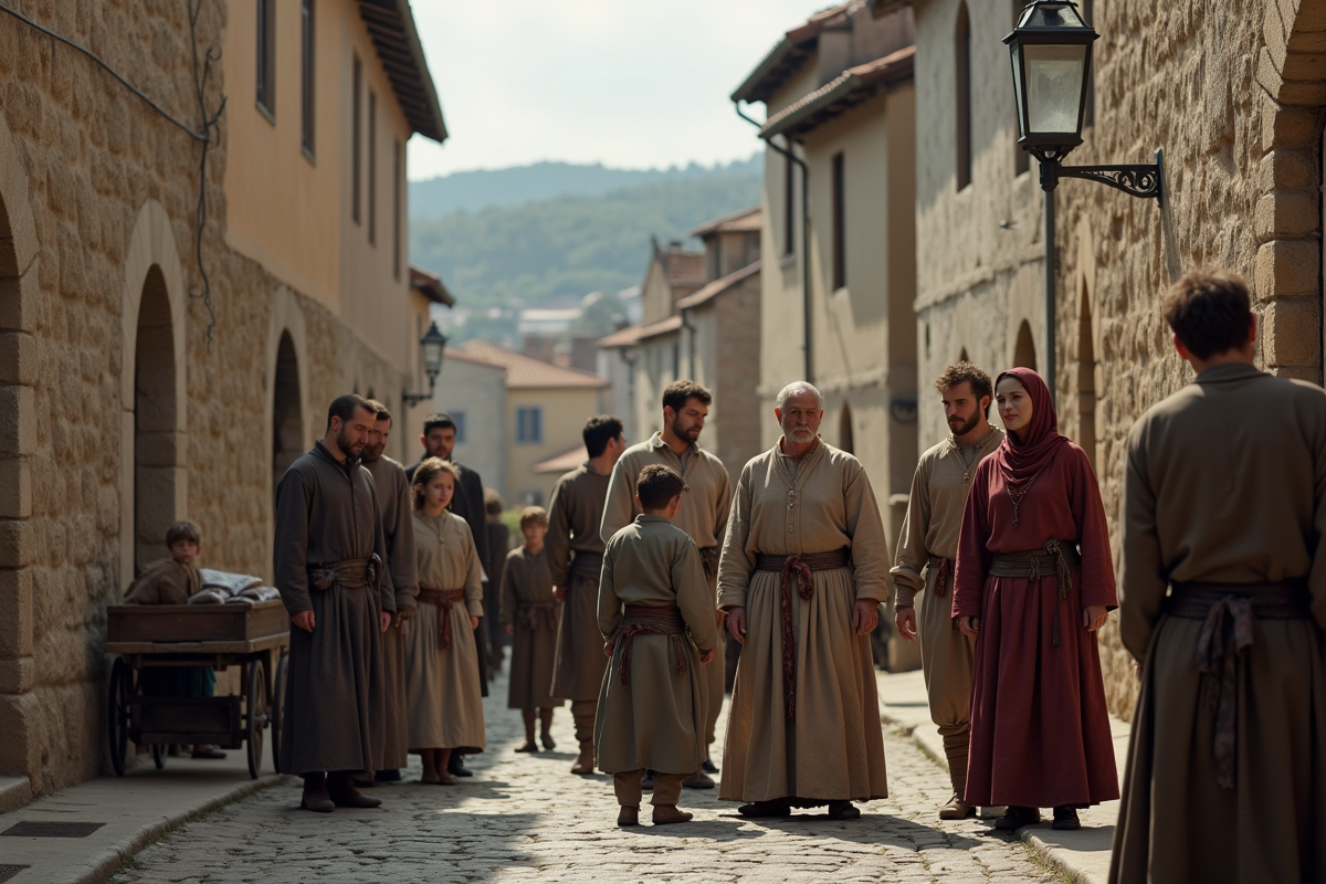 Groupe de villageois devant une porte de ville médiévale