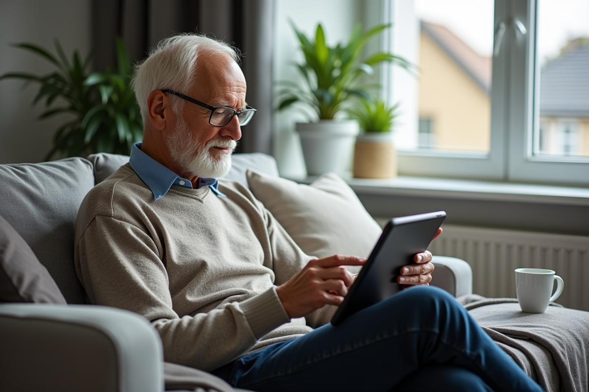 Homme age en video appel dans un salon confortable