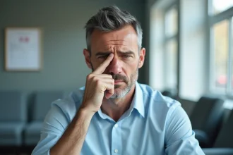 Homme d'&acirc;ge moyen dans une salle d'attente m&eacute;dicale