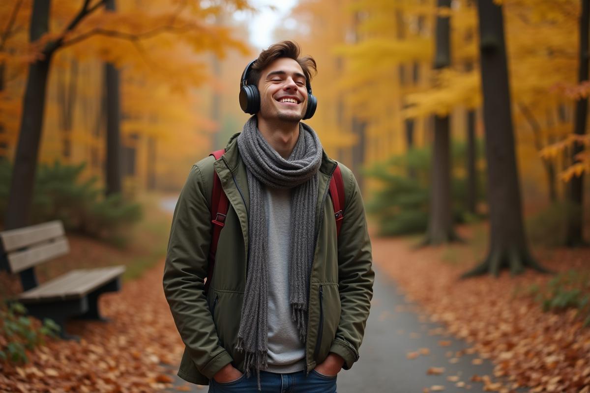 Jeune homme écoute musique en forêt automnale
