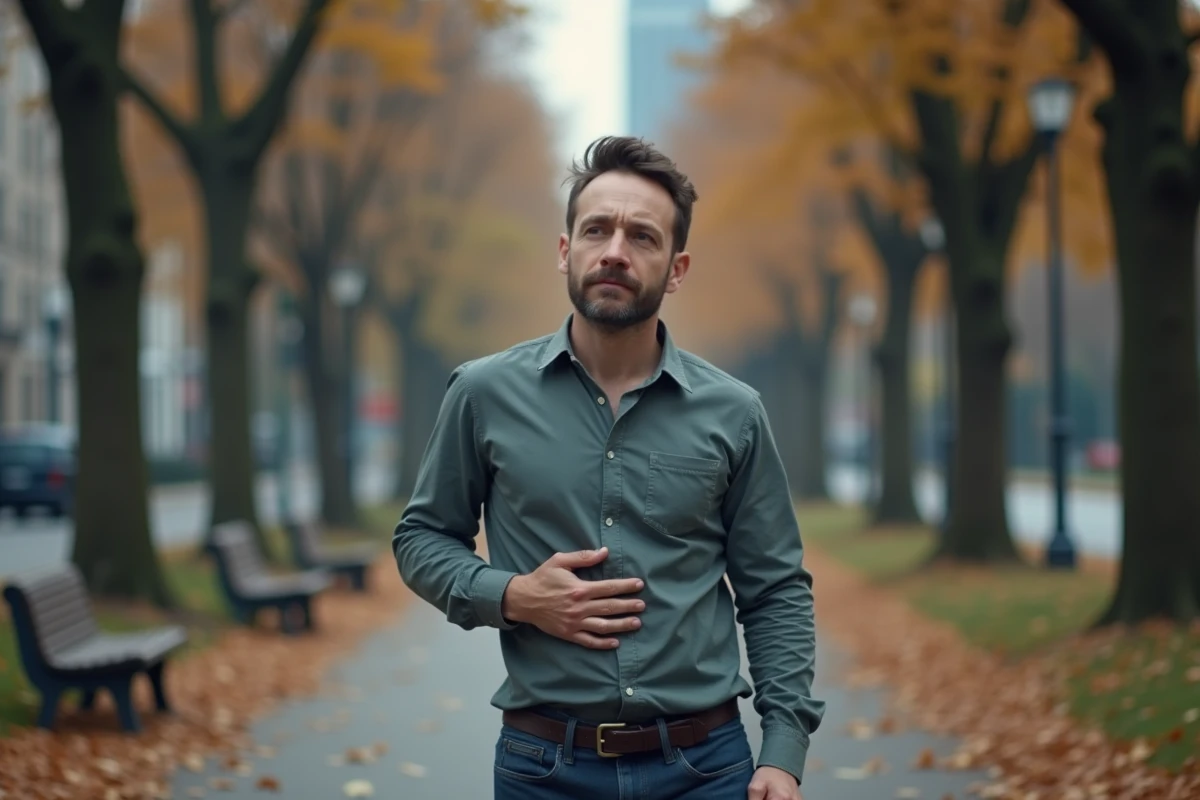 Homme marche dans un parc en automne