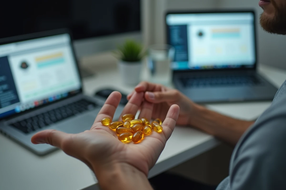 Homme examinant des capsules d'oméga 3 6 9 dans sa main au bureau avec comparatif de compléments alimentaires