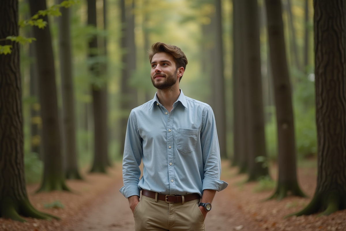 Jeune homme marche dans une forêt paisible et naturelle