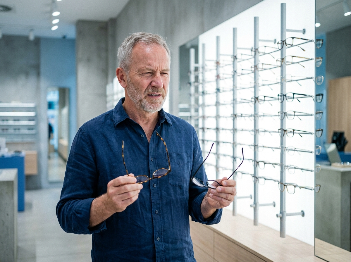 Homme senior comparant deux montures de lunettes dans un magasin d'optique moderne