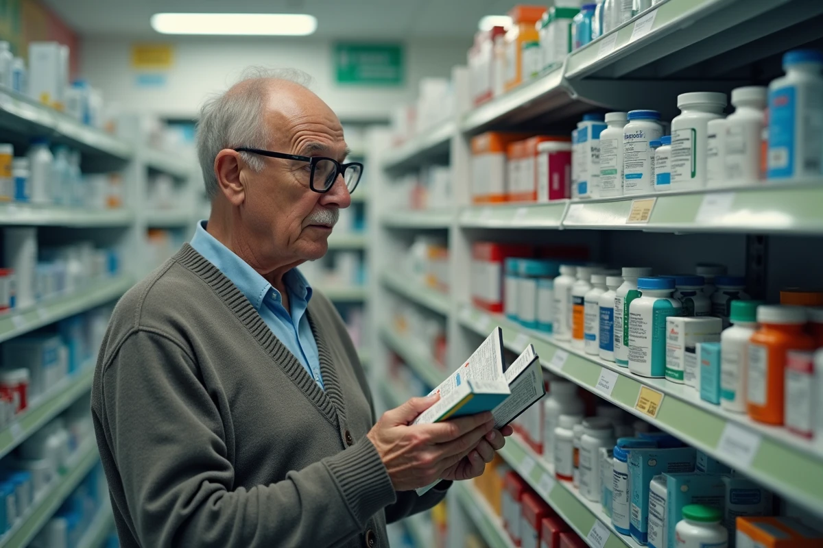 Homme &acirc;g&eacute; v&eacute;rifiant des bo&icirc;tes de m&eacute;dicaments en pharmacie