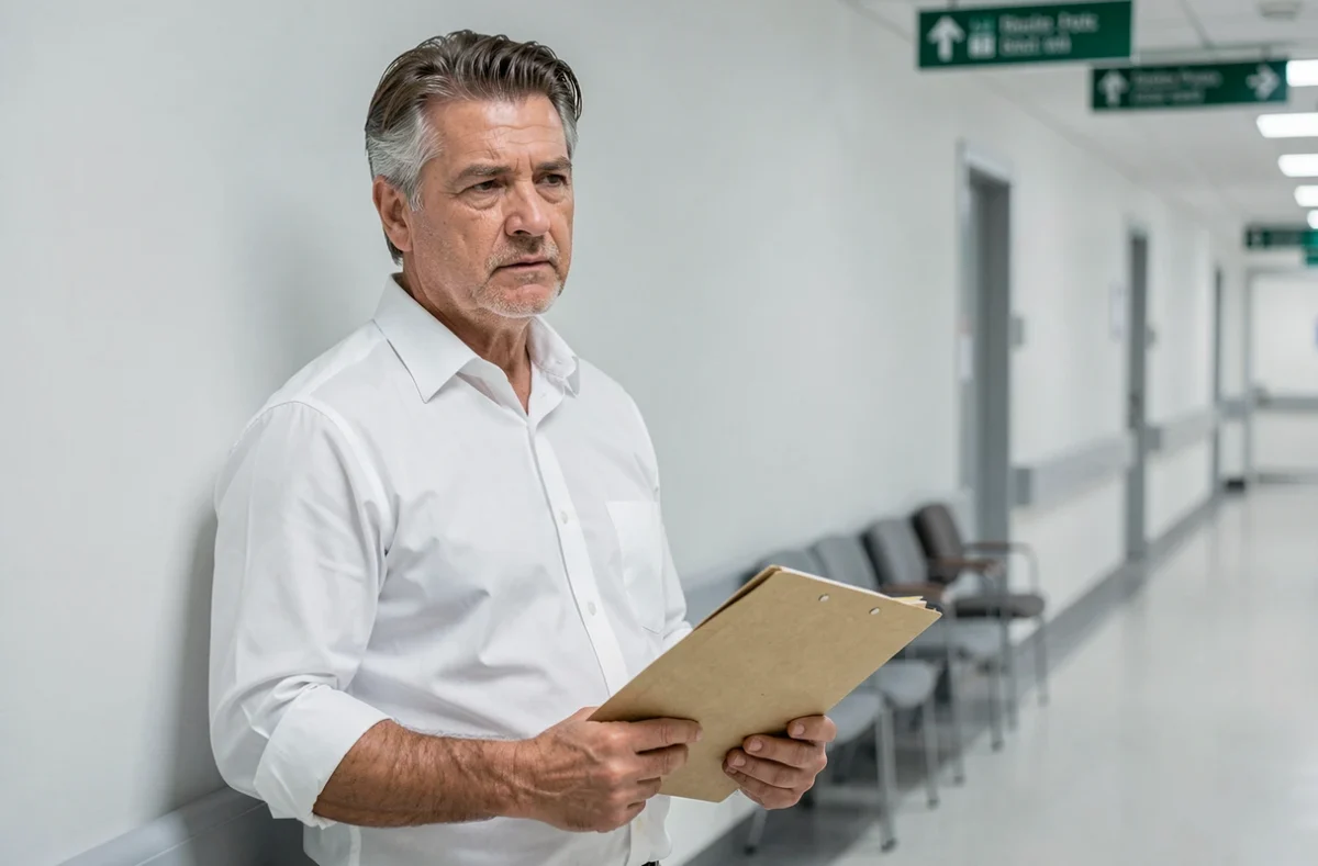 Homme mature en chemise blanche tenant un dossier dans un couloir d'hôpital moderne, expression préoccupée et pensive