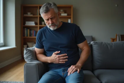 Homme d'âge moyen en tension sur un canapé gris