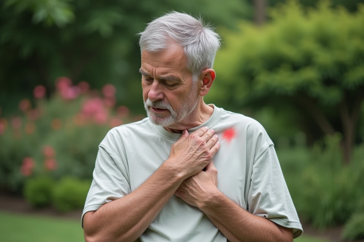 Homme âgé inspecte une tache rouge dans un jardin