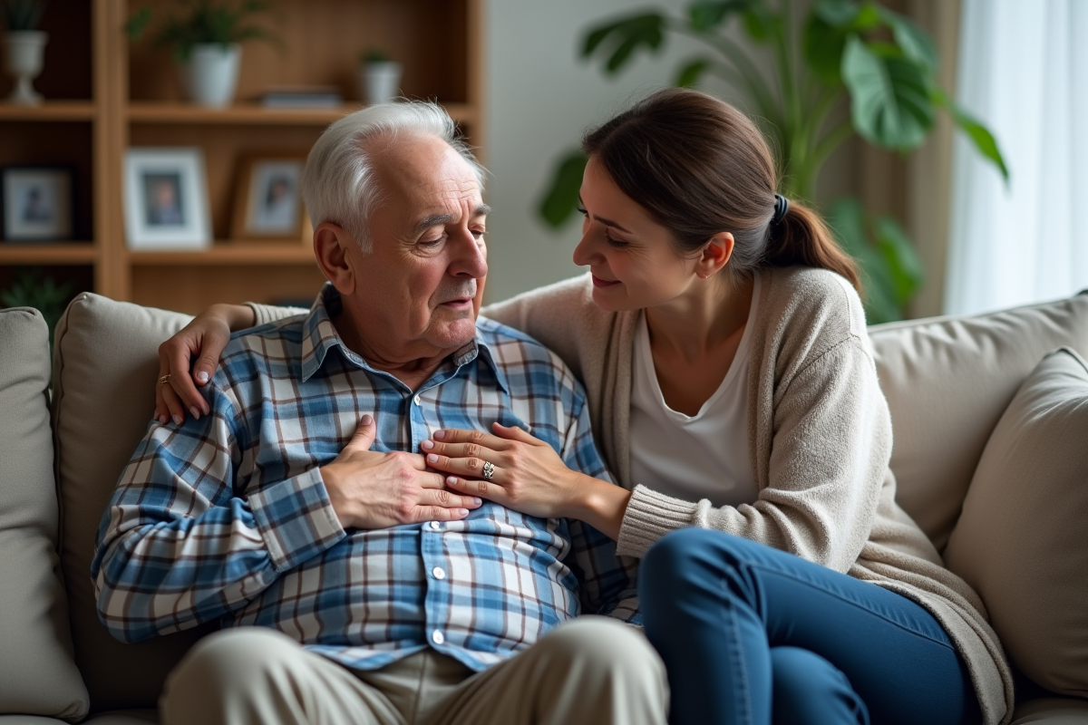 Homme âgé inquiet avec sa fille dans un salon domestique