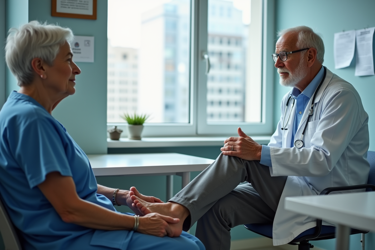 Homme âgé montrant ses pieds au médecin en consultation