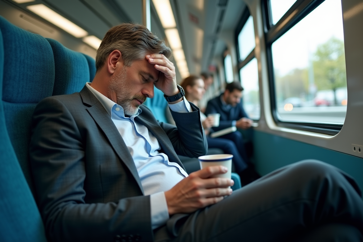Homme fatigué dans train en heure de pointe