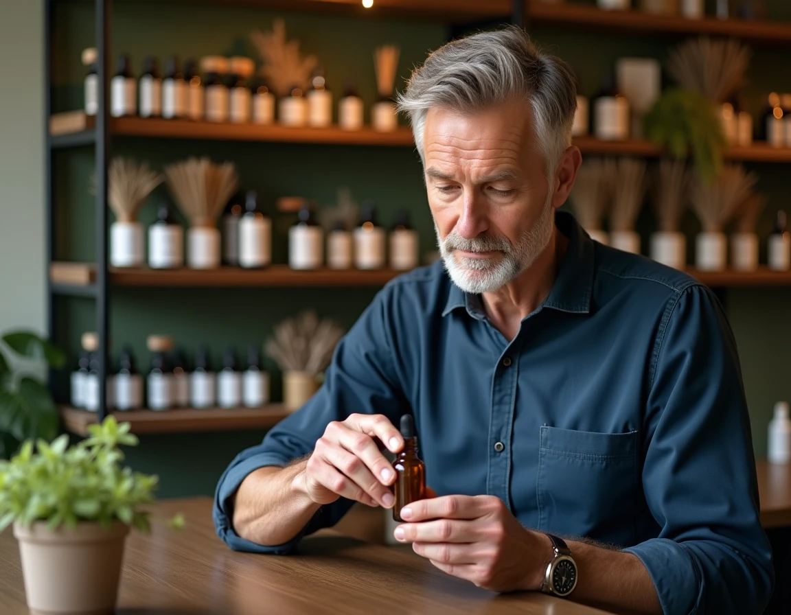 Homme adulte examinant un remède naturel en pharmacie ou herboristerie pour traiter le reflux gastrique