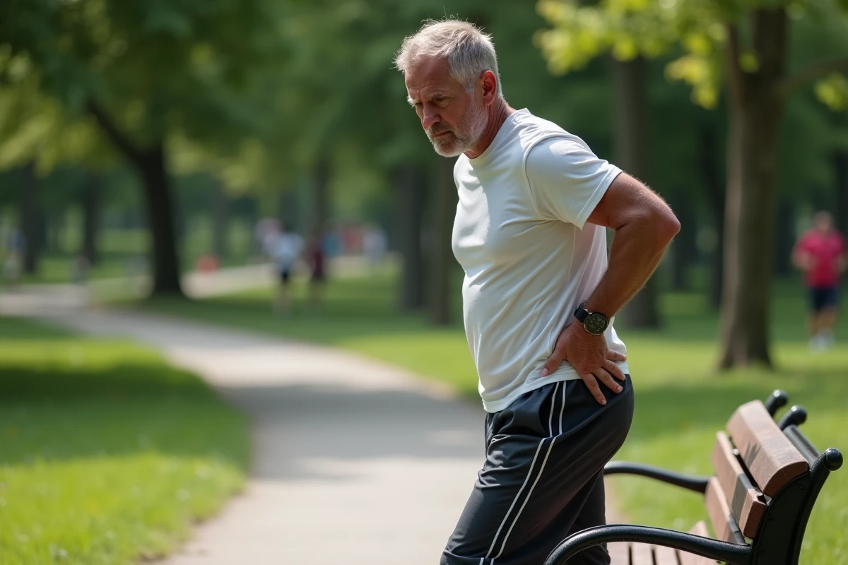 Homme en plein air se tenant la hanche sur un banc de parc