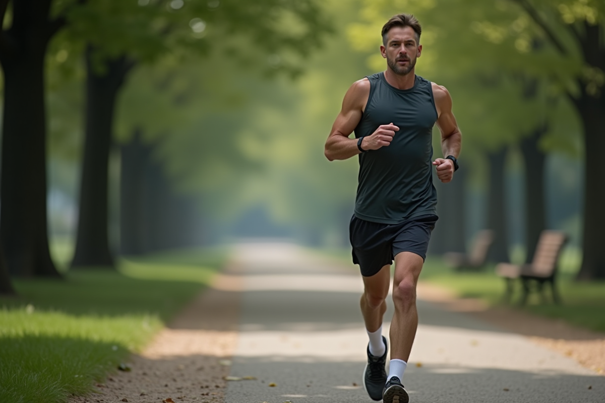 Homme en jogging dans un parc calme en automne