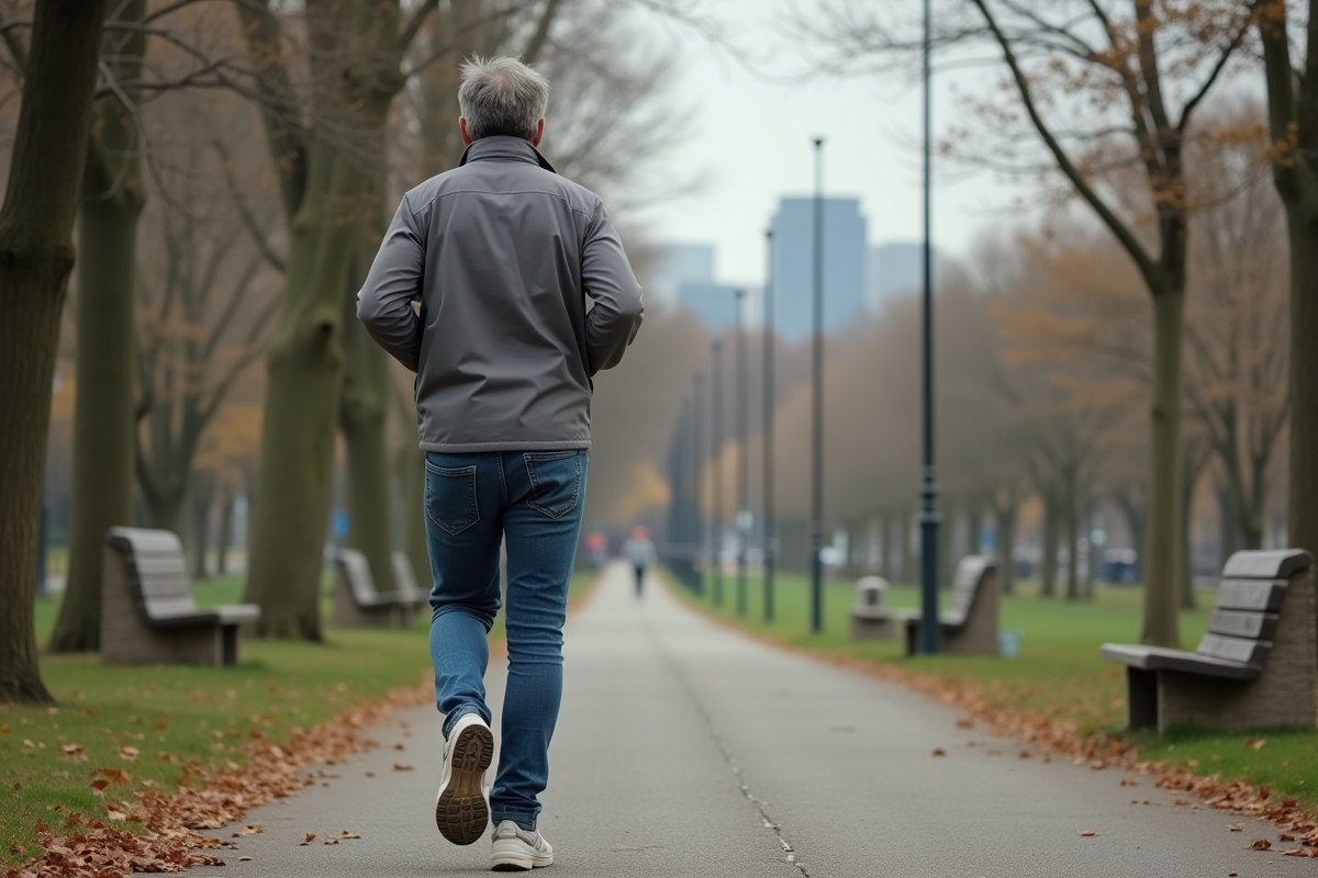 Homme courant dans un parc urbain avec arbres et bancs