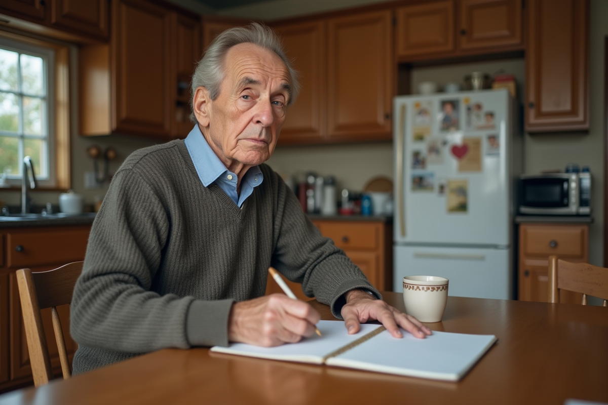 Homme âgé écrivant dans un journal à la maison