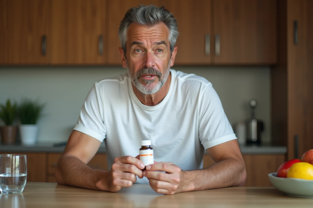 Homme lisant attentivement l'étiquette d'un complément alimentaire minceur dans une cuisine, air sceptique