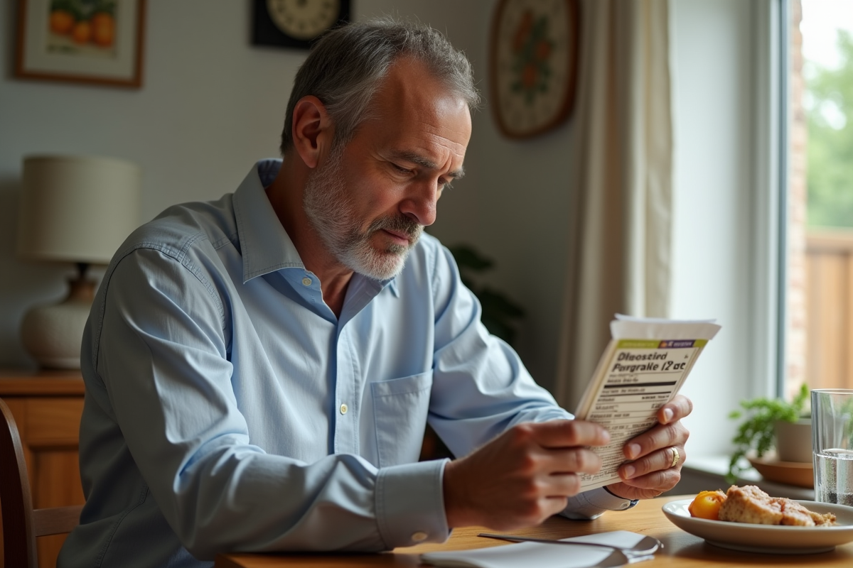 Homme lisant une étiquette alimentaire à la table