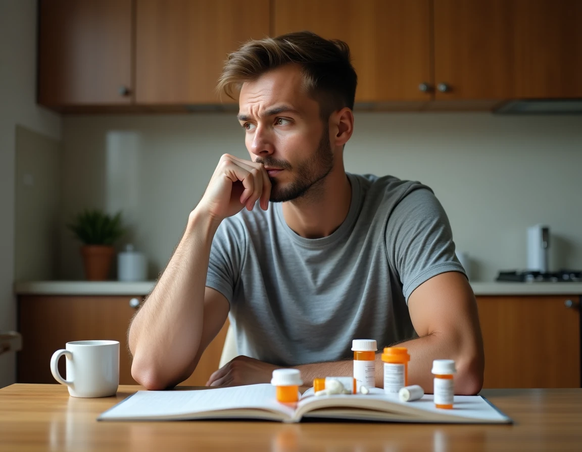 Homme assis &agrave; une table de cuisine examinant plusieurs bo&icirc;tes de m&eacute;dicaments sur ordonnance li&eacute;s &agrave; une prise de poids