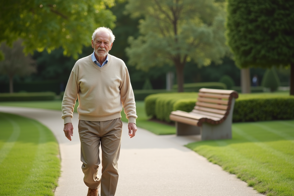 Homme âgé pratiquant la marche méditative en extérieur