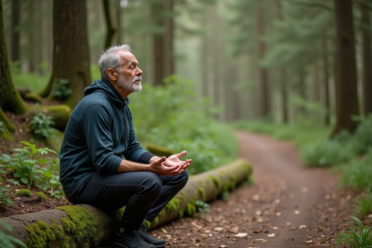 Homme méditant en forêt lors d