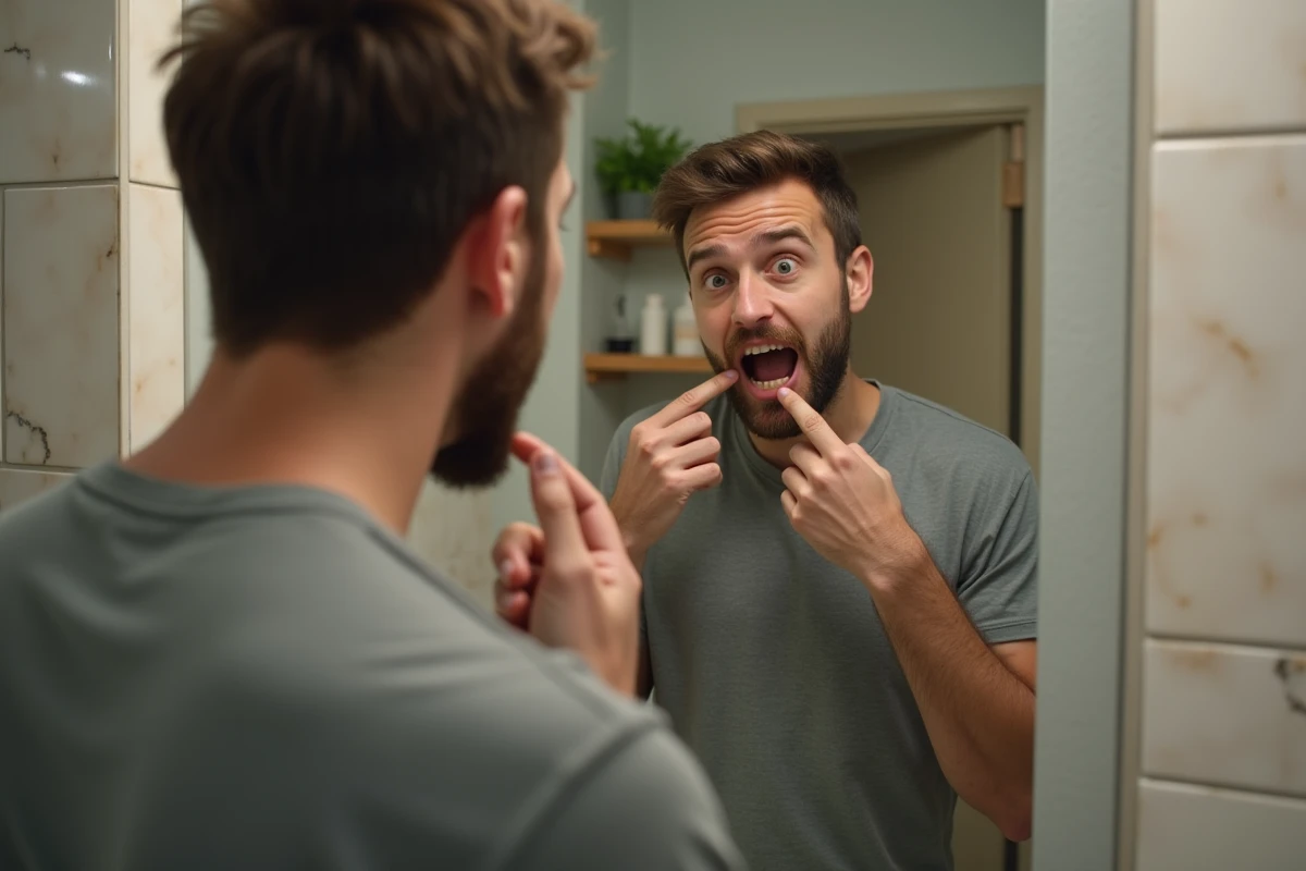 Homme regardant sa bouche dans le miroir de la salle de bain
