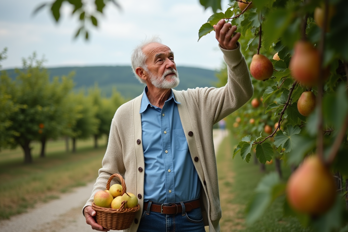 Homme âgé cueillant des fruits dans un verger