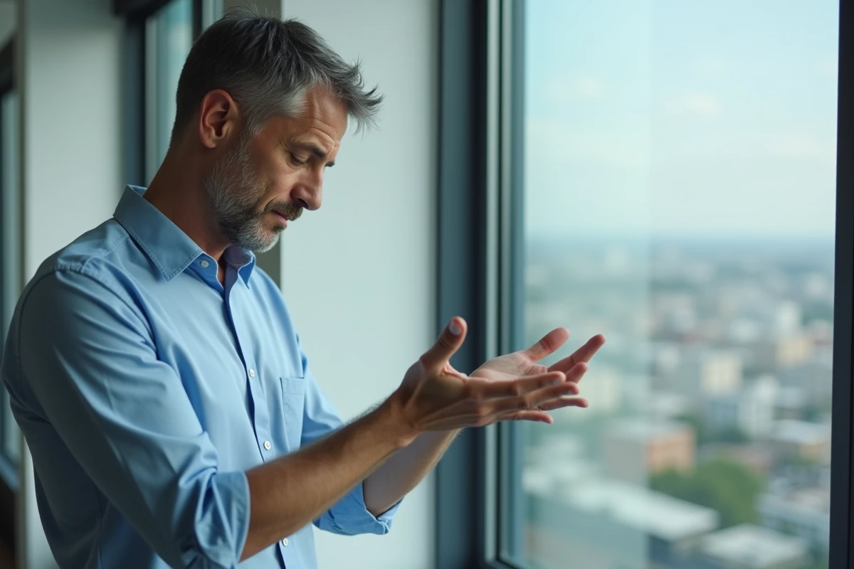 Homme regardant sa main près de la fenêtre de bureau