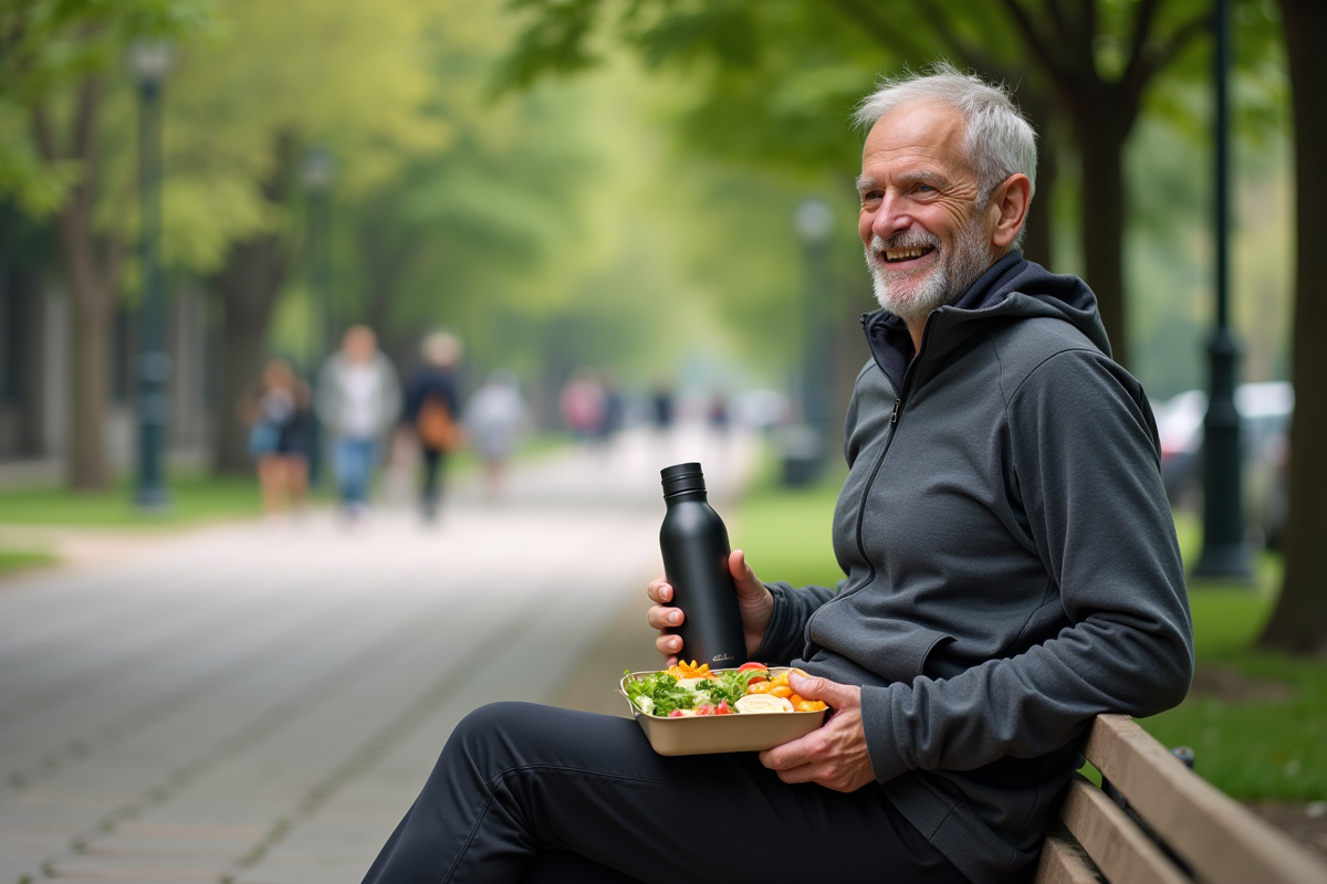 Homme assis dans un parc avec lunch et bouteille d