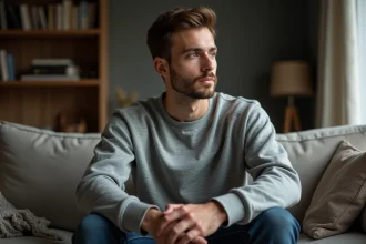 Jeune homme pensif assis sur un canapé dans un salon modeste