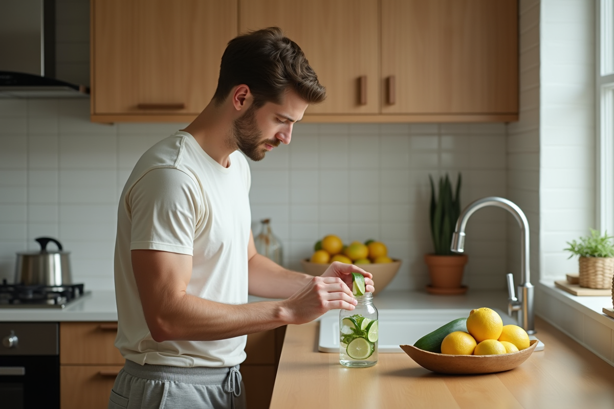 Homme préparant une eau detox avec concombre et citron en cuisine