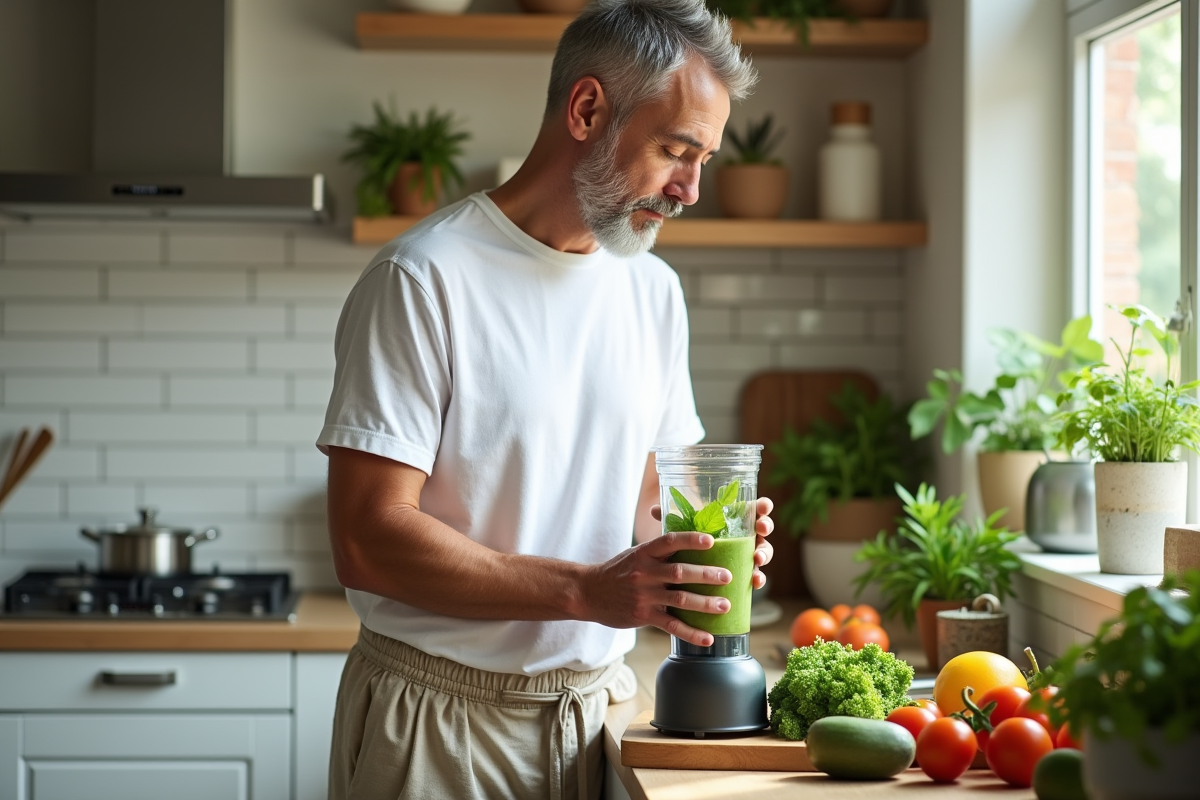 Homme préparant un smoothie vert dans la cuisine