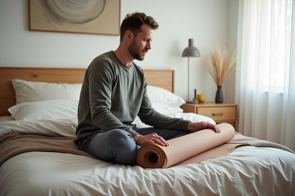 Homme assis sur le lit en déroulant un shakti mat