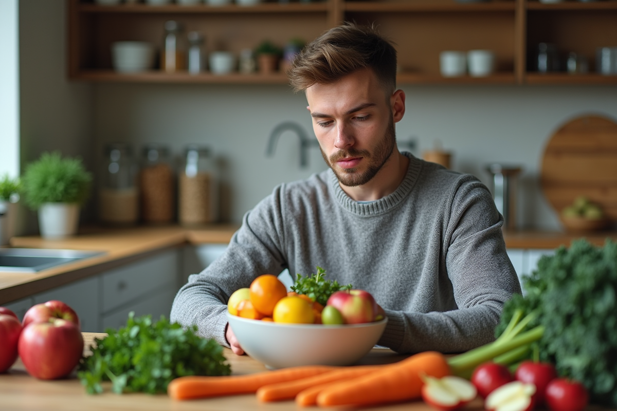 Jeune homme préparant des fruits et légumes dans la cuisine