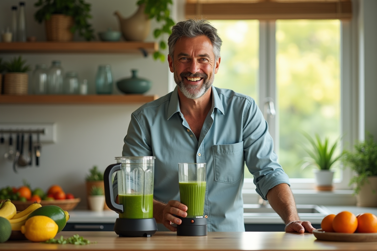 Homme en cuisine préparant un smoothie vert sain