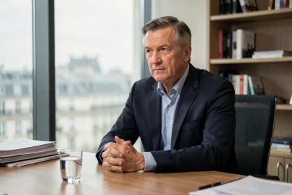 Homme en costume sombre assis à une table de conférence dans un bureau professionnel parisien, expression posée et réfléchie