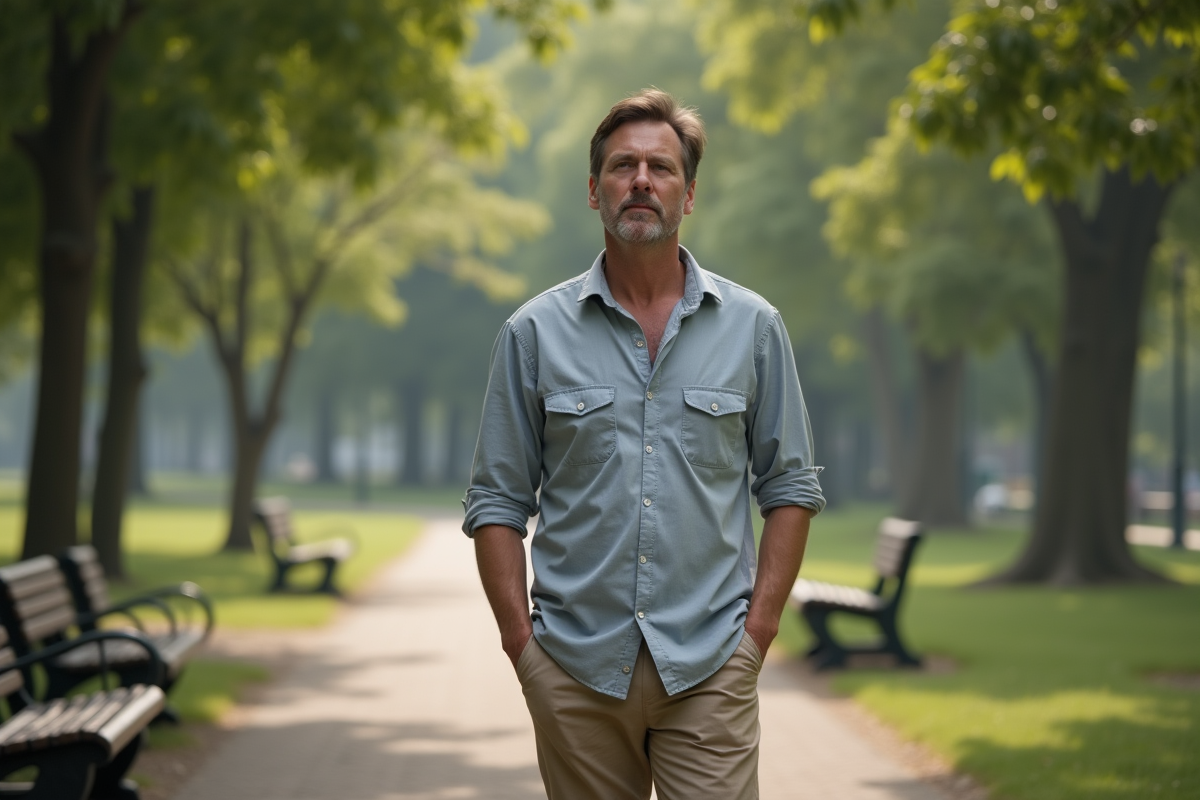 Homme pensif dans un parc en plein air