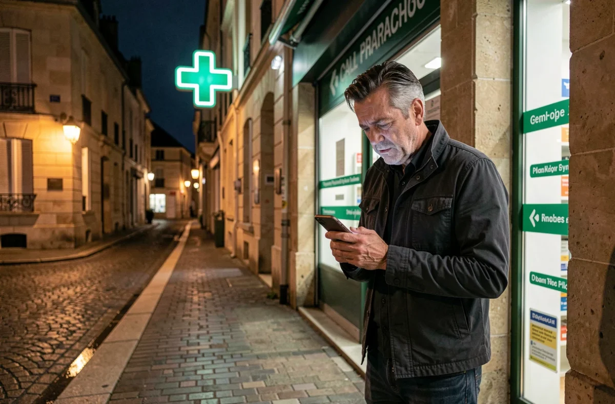 Homme cherchant le numéro d'une pharmacie de garde sur son téléphone devant une pharmacie fermée en Anjou