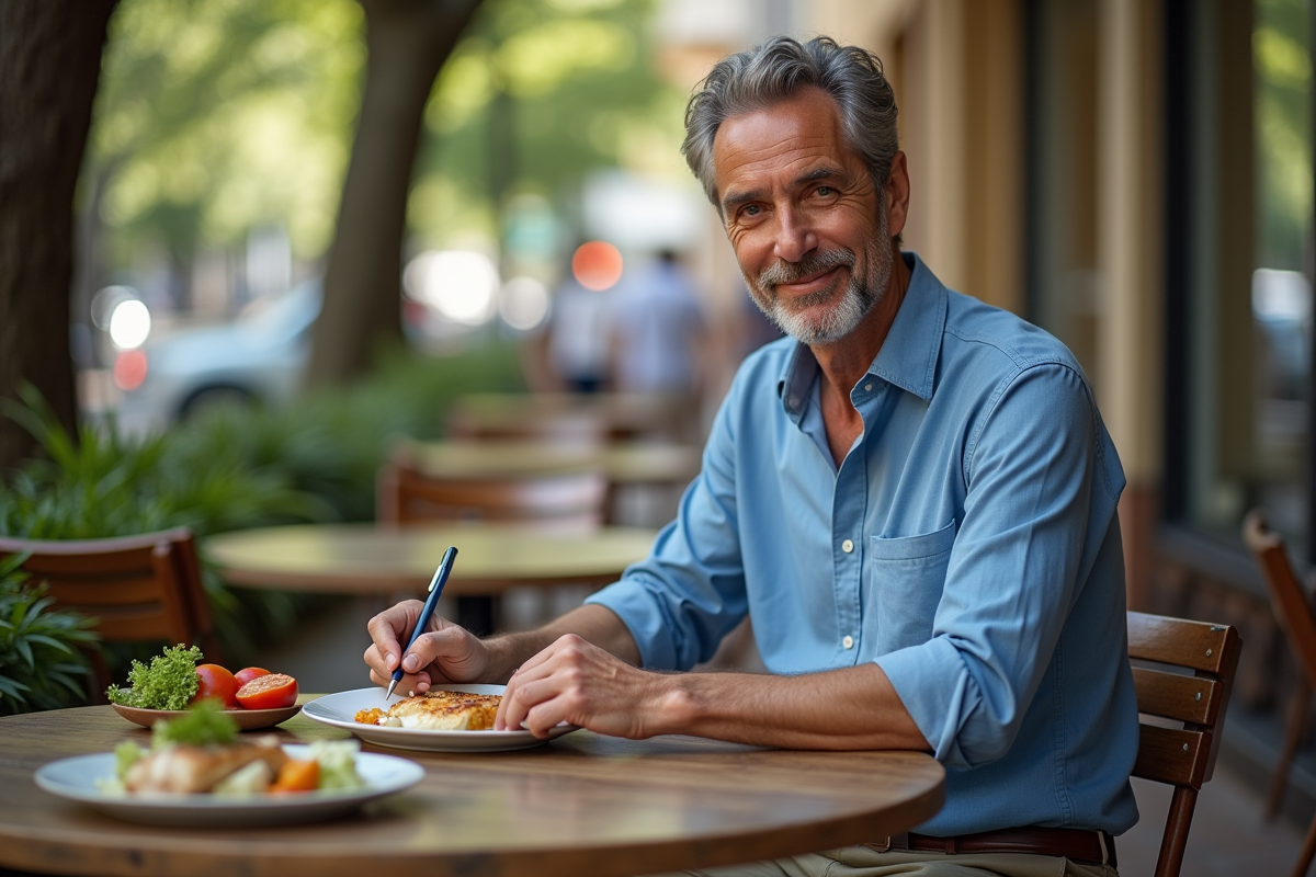 Homme écrivant dans un journal au café en extérieur