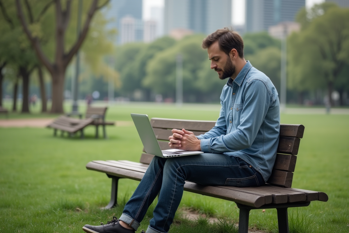 Homme méditant sur un banc dans un parc urbain