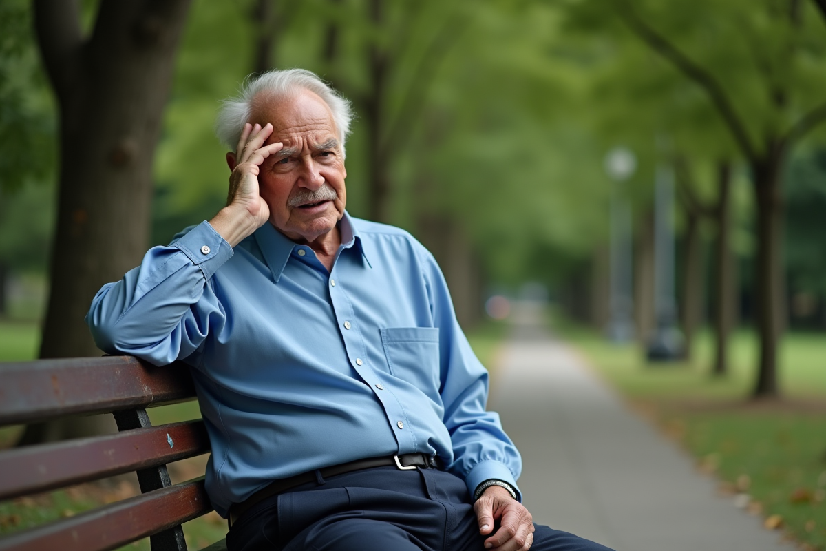 Homme âgé assis sur un banc dans un parc en réflexion