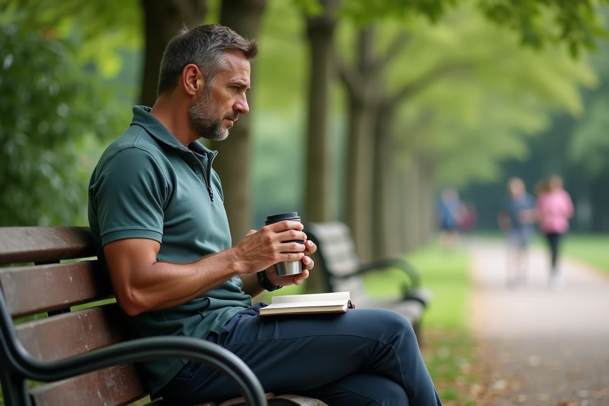 Homme m&eacute;ditant avec th&eacute; dans un parc en plein air