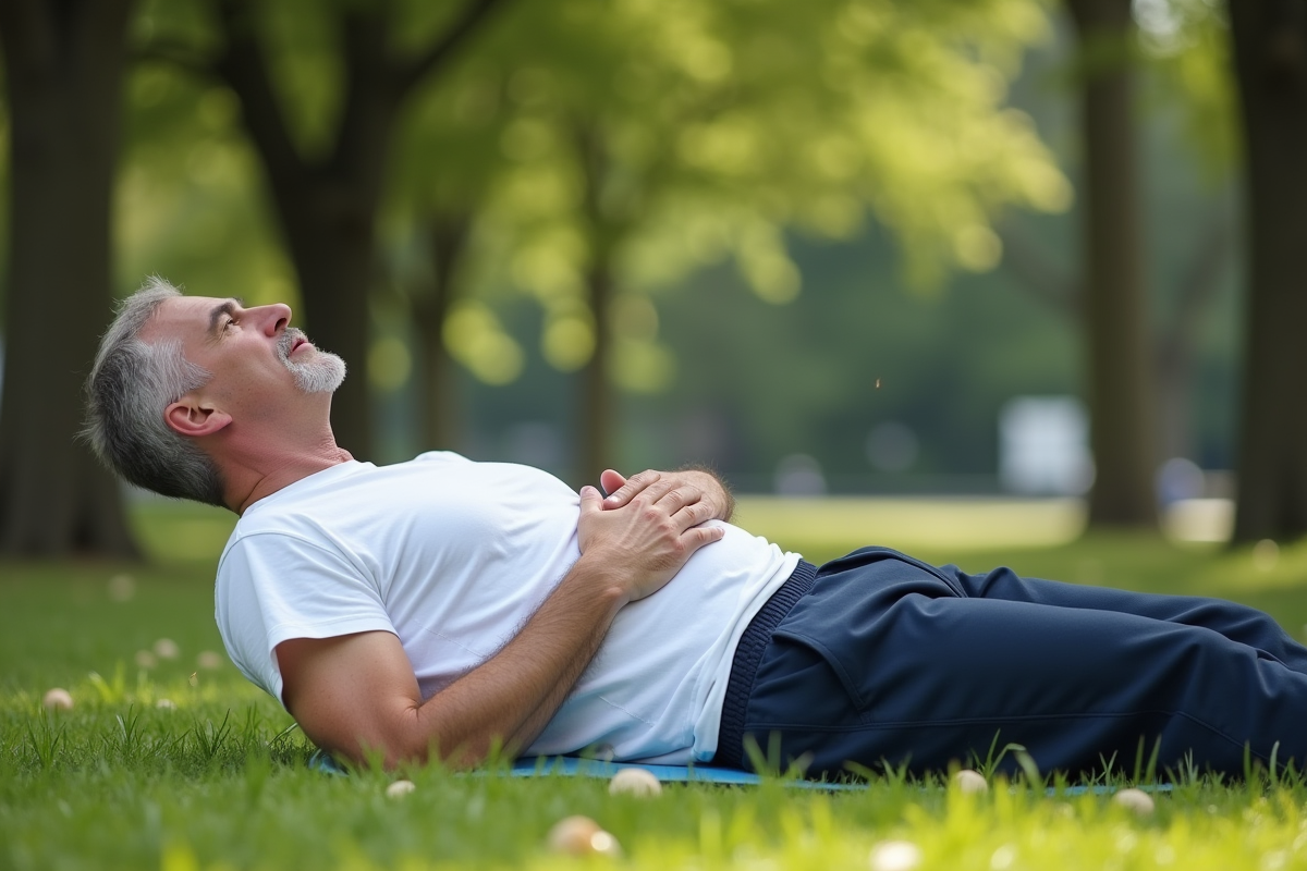 Homme en respiration profonde allongé dans un parc verdoyant