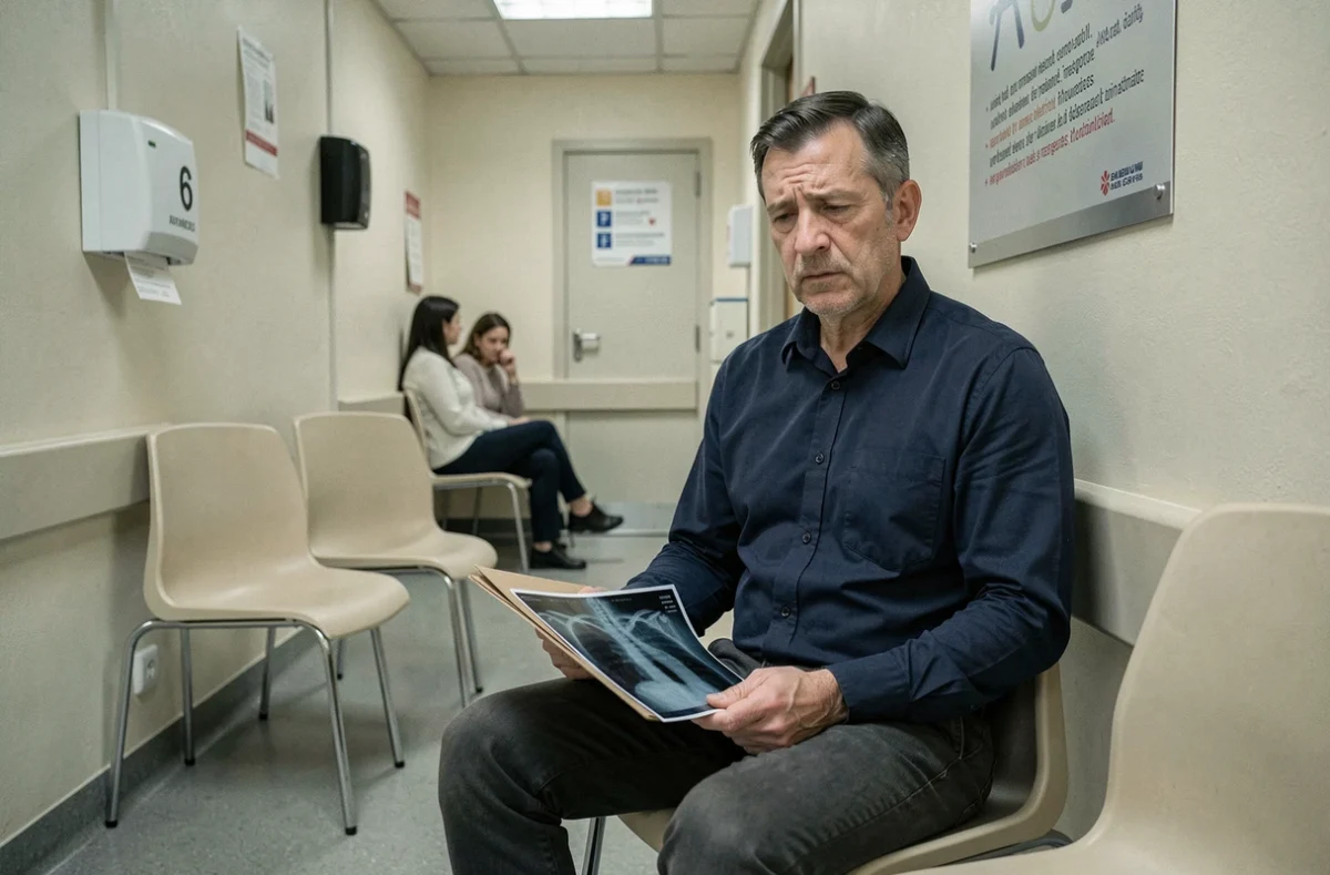Homme attendant dans une salle d'attente médicale avec son dossier d'expertise pour évaluation du taux d'invalidité