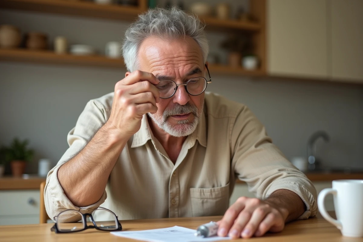 Homme âgé appliquant une pommade ophtalmique seul à la maison en suivant les instructions du médecin