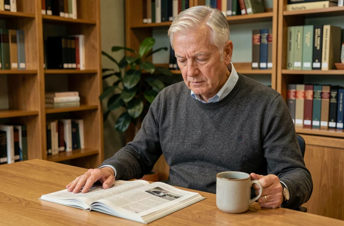 Homme senior en pull gris lisant un journal dans une bibliothèque feutrée, ambiance studieuse et introspective