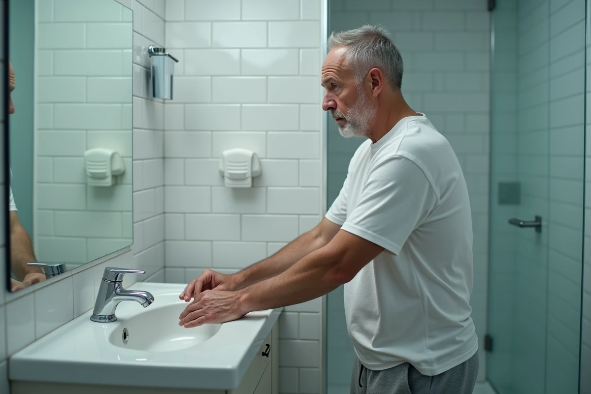 Homme d'âge mûr face à son reflet dans un miroir de salle de bain, exprimant une inquiétude liée à des sensations corporelles internes inexpliquées