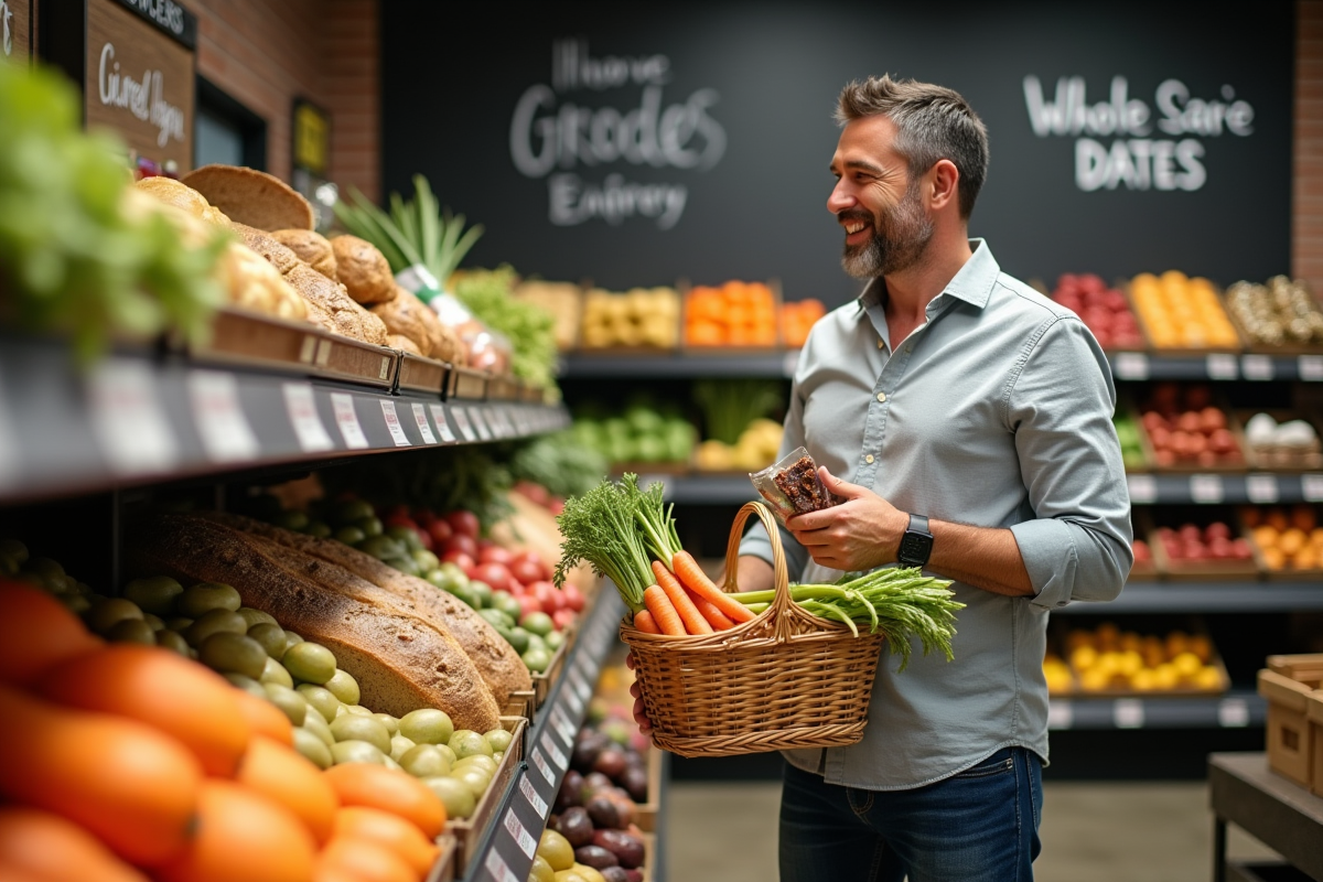 Homme achète des légumes frais dans un supermarché