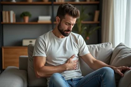 Homme inquiet assis sur un canap&eacute; dans un salon cosy